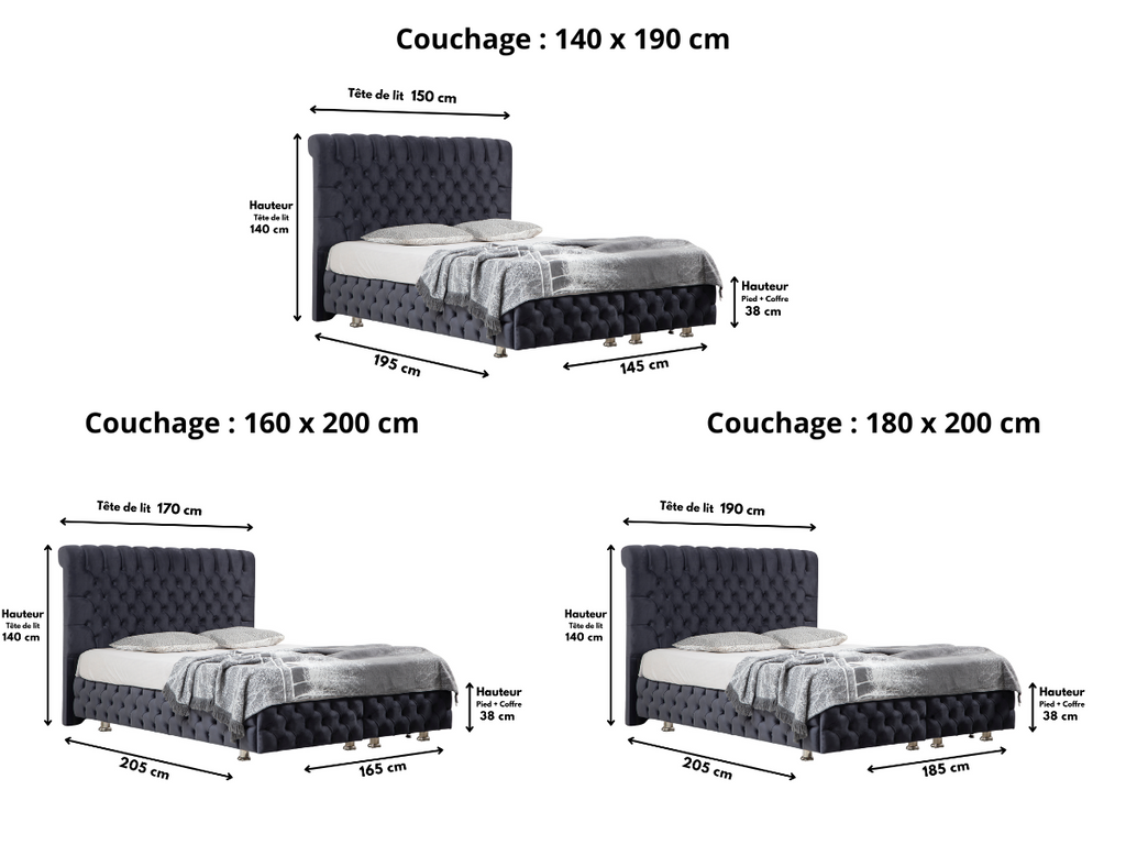 Lit Coffre LUNA GRIS ANTHRACITE - Velours capitonné