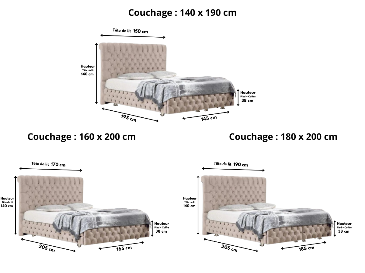 Lit Coffre LUNA BEIGE - Velours capitonné