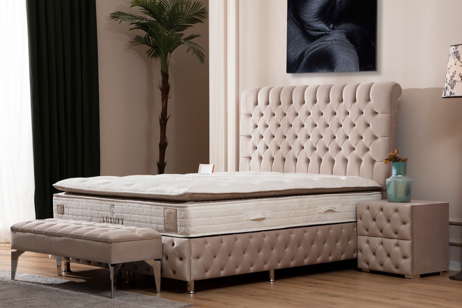 Lit Coffre LUNA BEIGE - Velours capitonné