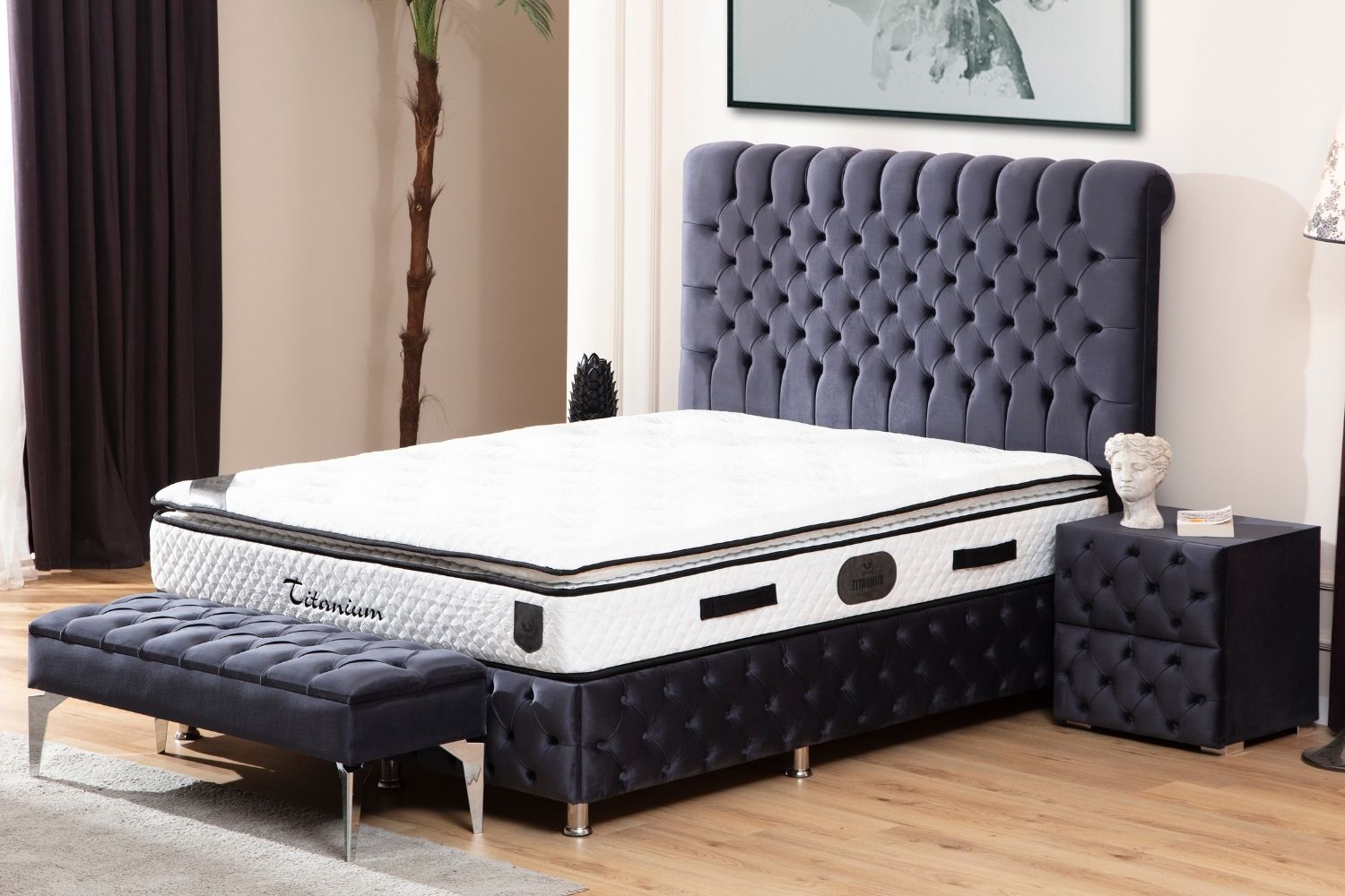 Lit Coffre LUNA GRIS ANTHRACITE - Velours capitonné