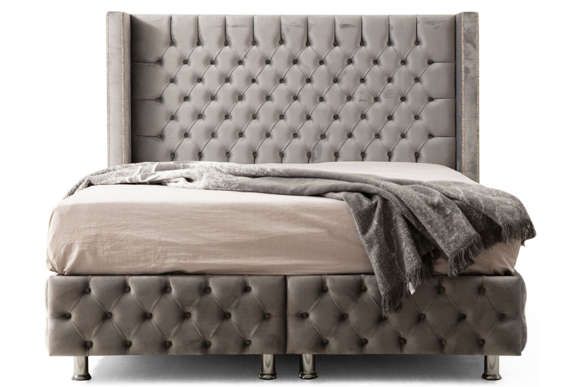 Lit Coffre CLOUTE GRIS - Velours capitonné