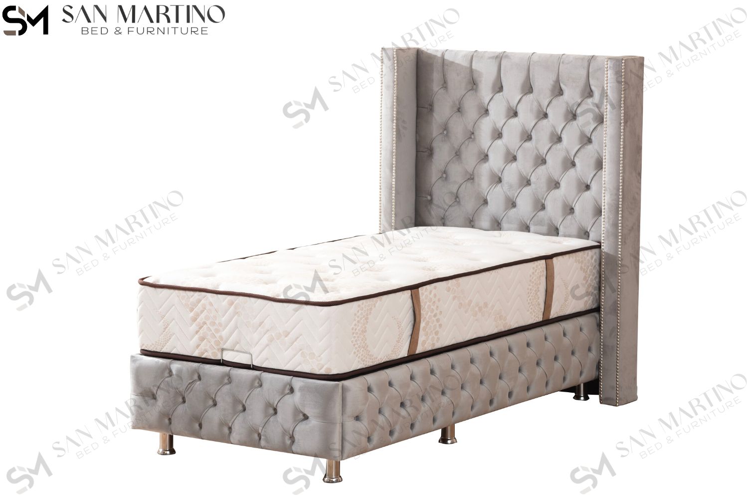 Lit Coffre Enfant CLOUTE GRIS - Velours capitonné