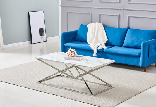 TABLE BASE PYRAMIDE RECTANGLE CHROME MARBRE BLANC