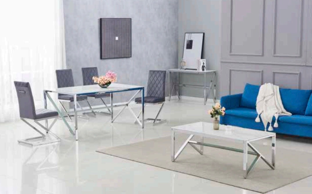 TABLE BASSE MAJESTIQUE CHROME VERRE MARBRE BLANC