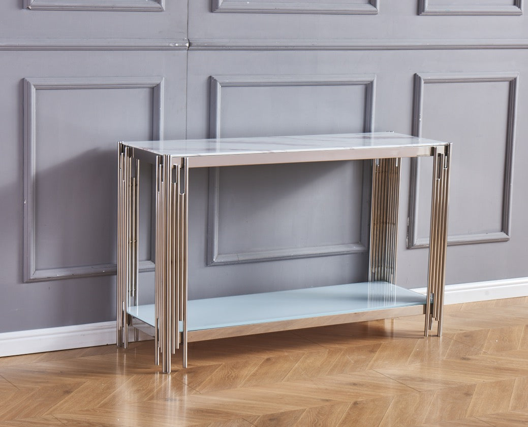 CONSOLE FLUTE EN CHROME MARBRE BLANC