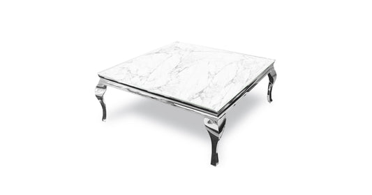 TABLE BASSE BAROQUE CARREE CHROME MARBRE BLANC