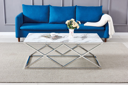 TABLE BASSE TRIANGLE CHROME MARBRE BLANC