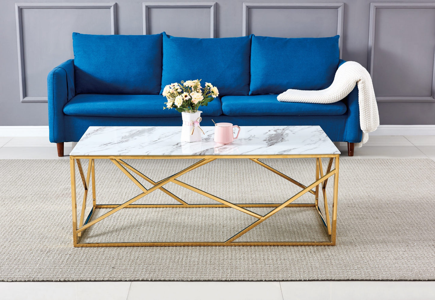 TABLE BASSE GEOMAG GOLD MARBRE BLANC